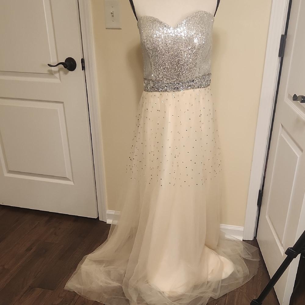 Elegant Silver and Cream Strapless Gown